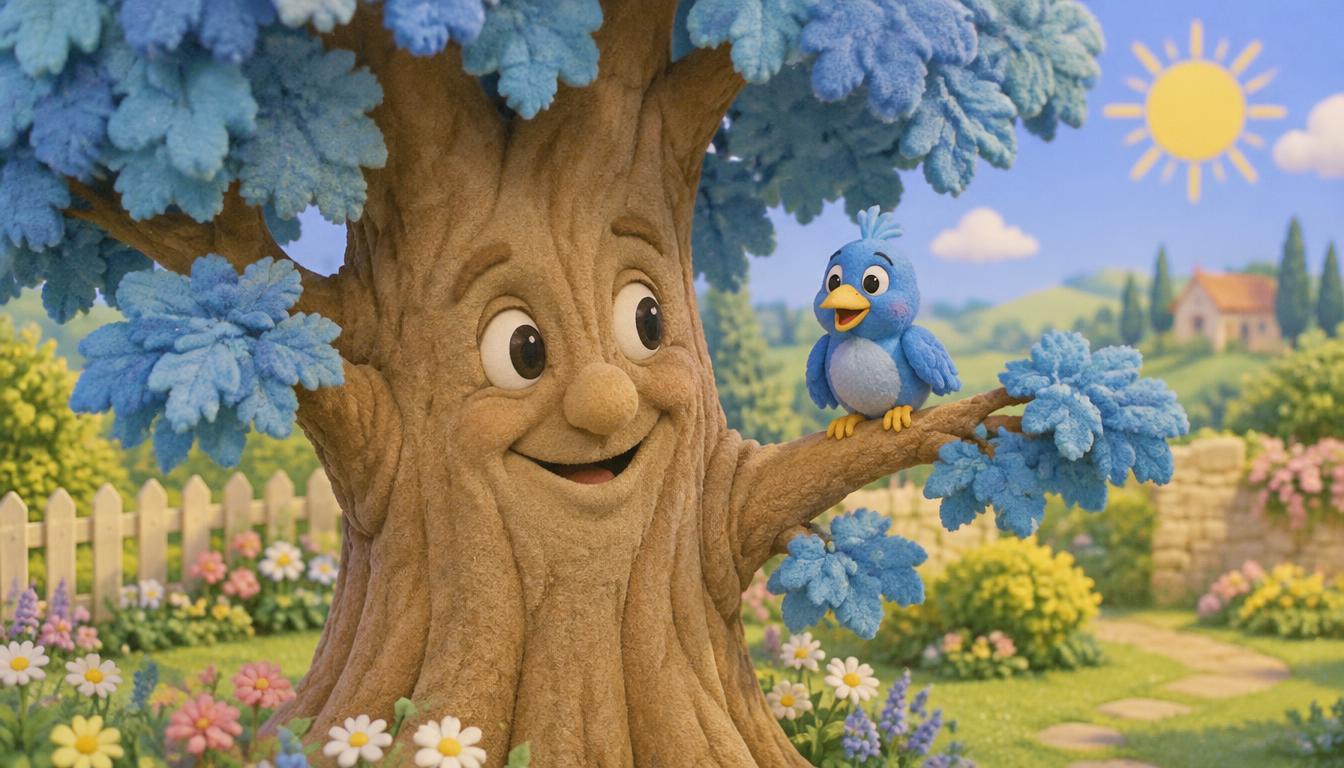 Un grande albero azzurro sorridente in un giardino fiorito, con un uccellino azzurro sul ramo, come nell'Albero Azzurro — foto d'archivio anni 80 e 90